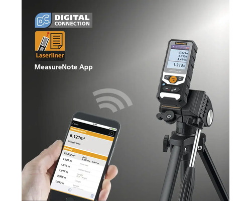 Laserafstandsmeter met statief en smartphone met Laserliner MeasureNote app