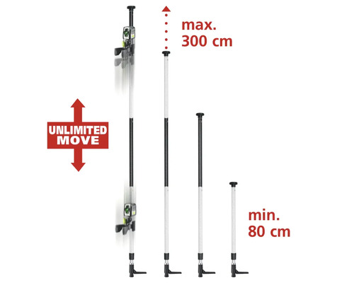 Telescoopstang met een minimale lengte van 80 centimeter en een maximale lengte van 300 centimeter.