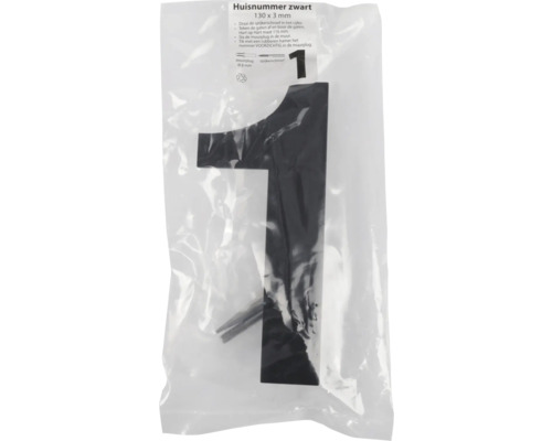 Zwart huisnummer één in plastic verpakking met bevestigingsmateriaal