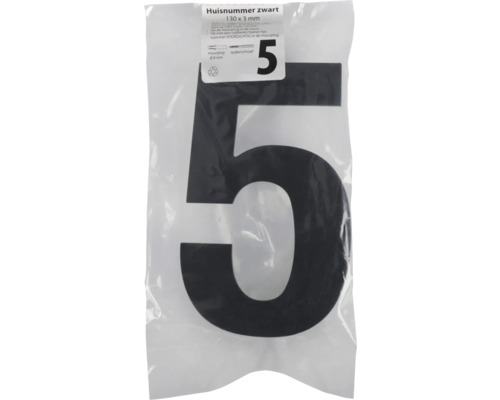 Huisnummer 5 van kunststof, 130 x 3 millimeter, voor bevestiging aan de gevel