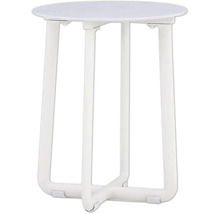 Witte ronde bijzettafel met drie poten.