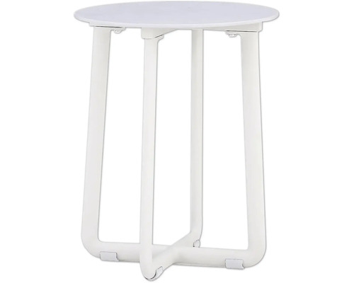 Witte ronde bijzettafel met drie poten.