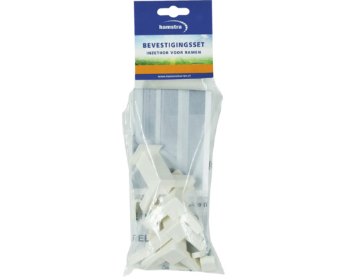 Hamstra Logo. Bevestigingsset voor inzethor voor ramen in verpakking.