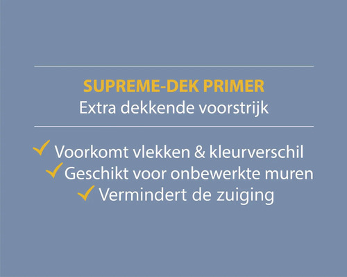 Supreme Dek Primer, extra dekkende voorstrijk voorkomt vlekken en kleurverschil, geschikt voor onbewerkte muren, vermindert de zuiging