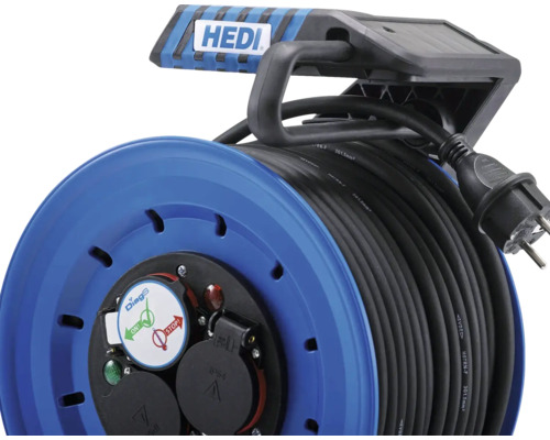 HEDI haspel met zwarte kabel en blauwe behuizing