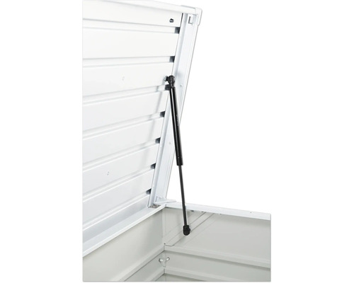 Gedetailleerd aanzicht van een open, weerbestendige opbergbox met gasveer