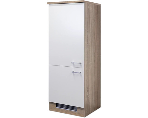 Hoge kast met twee deuren en handgrepen in houtlook
