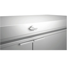 Detailopname van een afsluitbare metalen kast met handgrepen