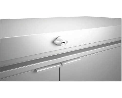 Detailopname van een afsluitbare metalen kast met handgrepen