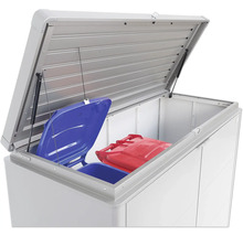 Geopende afvalcontainerbox met blauwe en rode afvalcontainers