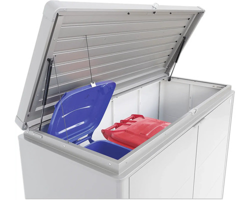 Geopende afvalcontainerbox met blauwe en rode afvalcontainers