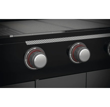 Close-up van een zwarte gasbarbecue met draaiknoppen voor temperatuurregeling