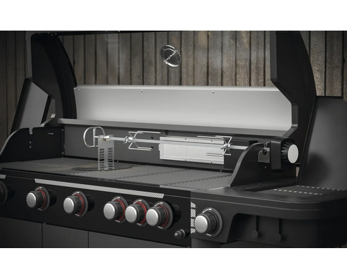 Gasbarbecue met draaispitfunctie en meerdere bedieningsknoppen.