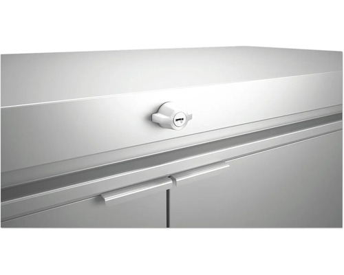 Detailopname van een afgesloten metalen kast met handgrepen