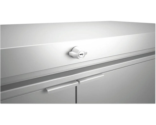 Gedetailleerde opname van een afgesloten metalen kast met handgrepen