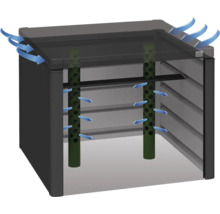 Illustratie van een gereedschapsschuur met ventilatiesysteem