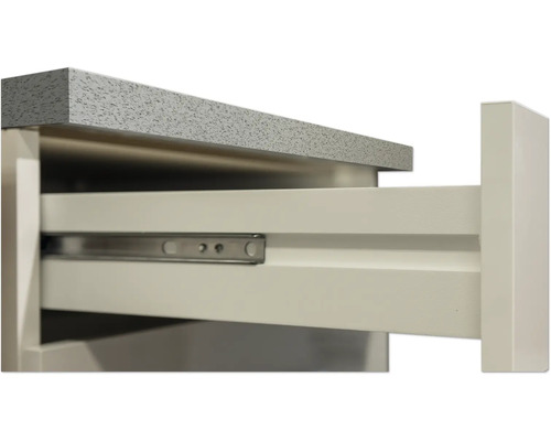 Gedetailleerde weergave van een open lade-element met uittrekrails