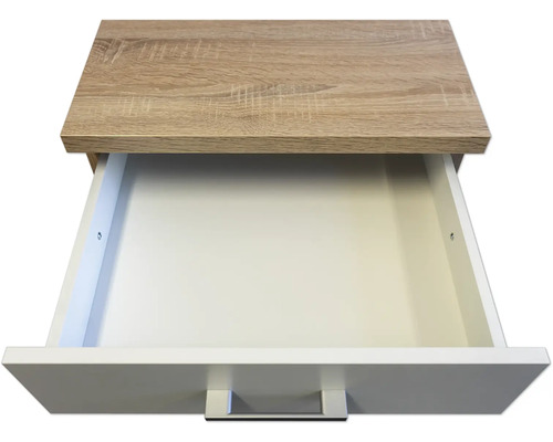 Open lade met houten decor bovenkant en witte voorkant.