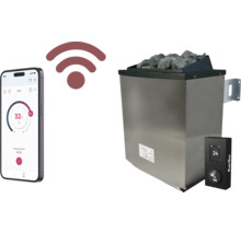 Saunakachel met stenen, bediening en smartphone voor temperatuurregeling