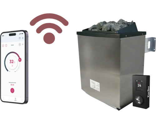 Saunakachel met stenen, bediening en smartphone voor temperatuurregeling