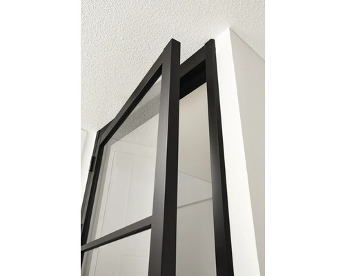 Detailopname van een binnendeur met zwart frame en glazen paneel