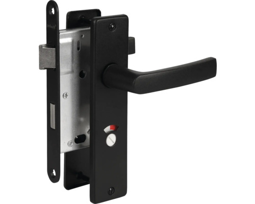 Zwarte deurbeslag met draaiknopvergrendeling en rood/witte bezetindicatie