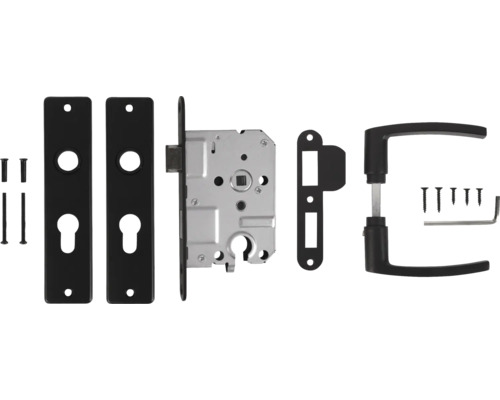 Deurbeslagset met deurkruk, slotkast, sleutelrozetten en bevestigingsmateriaal
