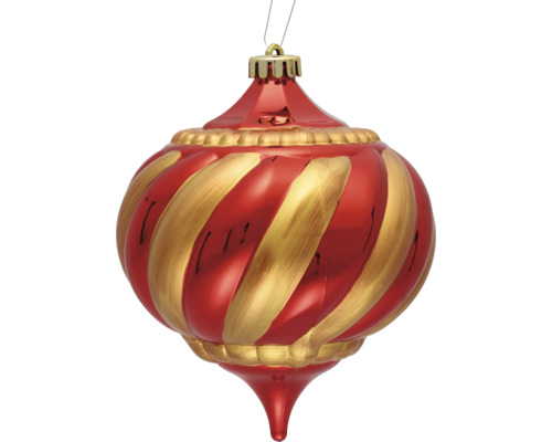 Rode kerstbal met gouden strepen