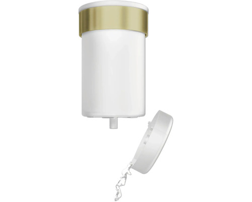 Waterfilterpatroon met open deksel waar water uit loopt