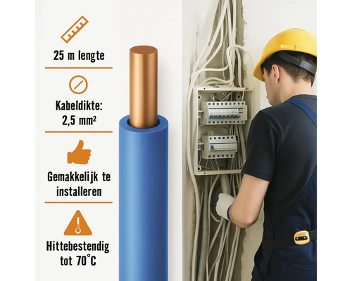 Blauwe elektriciteitskabel met koperen kern en informatie over kabellengte, dikte, eenvoudige installatie en hittebestendigheid