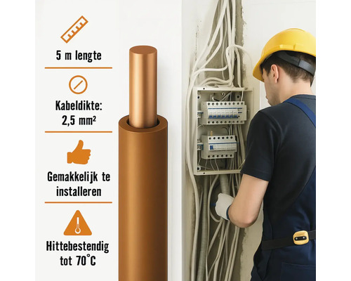 Installateur werkt met een elektriciteitskabel met een lengte van 5 meter en een kabeldikte van 2,5 mm², die hittebestendig is tot 70 graden