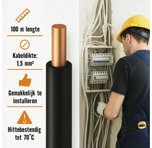 Elektricien installeert een 1,5 mm² installatiekabel met een lengte van 100 meter, die hittebestendig is tot 70 graden.