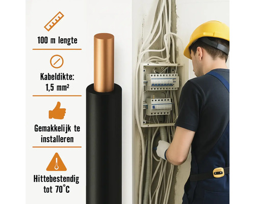 Elektricien installeert een 1,5 mm² installatiekabel met een lengte van 100 meter, die hittebestendig is tot 70 graden.