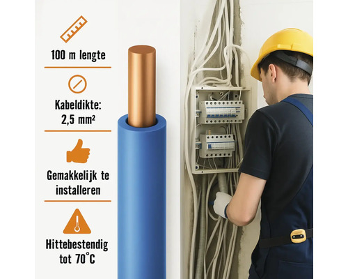 Blauwe elektriciteitskabel met koperen kern en de volgende vermeldingen: 100 meter lengte, kabeldikte 2,5 mm2, eenvoudige installatie en hittebestendigheid tot 70 graden Celsius.
