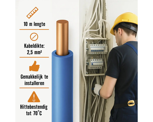 Elektrokabel met een lengte van 10 meter en een kabeldikte van 2,5 mm² wordt door een elektricien in een verdeelkast geïnstalleerd