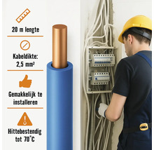 Elektriciteitskabel met koperen geleider en blauwe isolatie, 20 meter lang