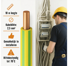 Elektricien installeert kabel met een lengte van 10 meter en een kabeldikte van 2,5 mm². De kabel is hittebestendig tot 70 graden.