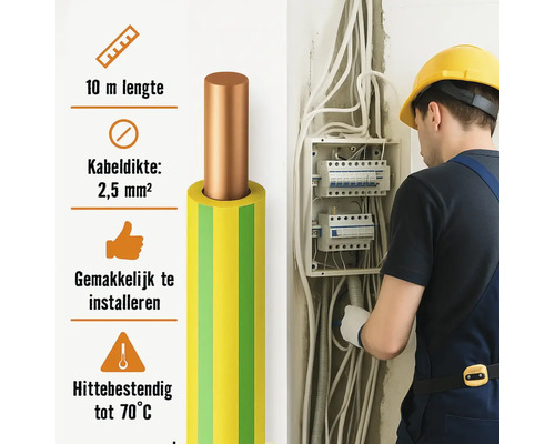Elektricien installeert kabel met een lengte van 10 meter en een kabeldikte van 2,5 mm². De kabel is hittebestendig tot 70 graden.