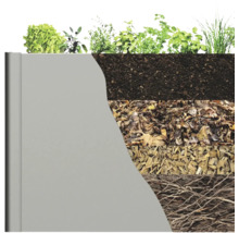 Gelaagde structuur van een verhoogde tuinbak met beplanting