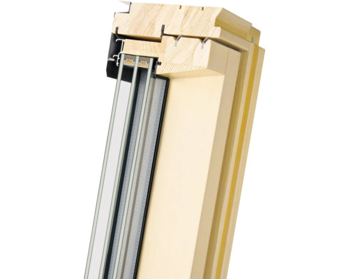 Dwarsdoorsnede van een dakraam met houten frame en isolatieglas