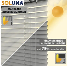Soluna logo. Standaard aluminium jaloezie en verduisterende aluminium jaloezie met 20 procent meer lamellen.