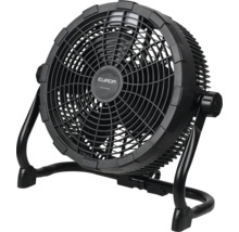 Zwarte Eurom ventilator met rooster en standaard.