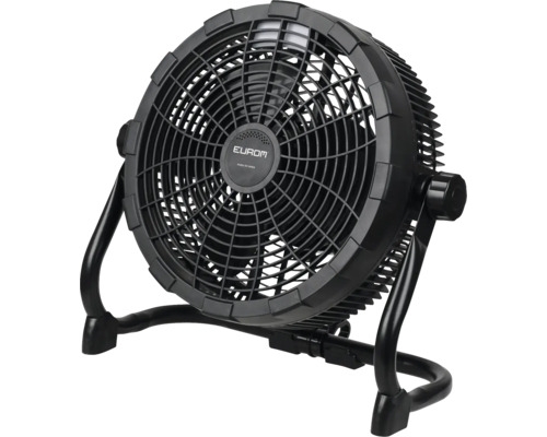 Zwarte Eurom ventilator met rooster en standaard.
