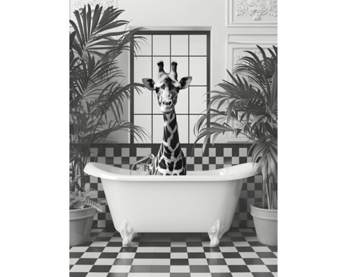 Giraffe in badkuip met kamerplanten en schaakbordpatroon