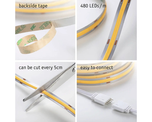 LED strip met plakband, 480 LEDs per meter, elke 5 cm af te snijden, eenvoudig aan te sluiten