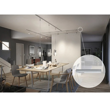 Eetkamer met eettafel en plafondrail met spots en hanglampen.