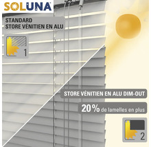 Soluna Logo, vergelijking tussen standaard aluminium jaloezie en dim-out aluminium jaloezie.