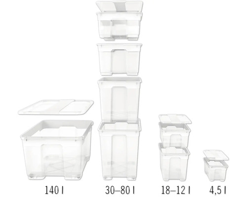 Opbergdozen in verschillende maten, van 4,5 liter tot 140 liter