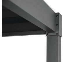 Detailopname van een grijze terrasoverkapping met aluminium frame