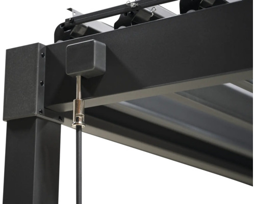 Detailaanzicht van een pergola met luifel en bevestiging